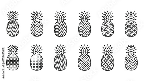 Collection of twelve black and white line art pineapple icons with geometric fill patterns