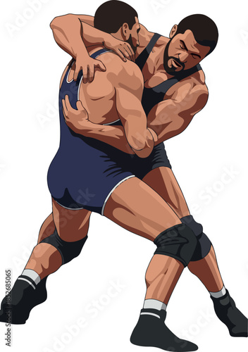 Two Wrestlers Grappling in Blue Singlets and Black Knee Pads Action