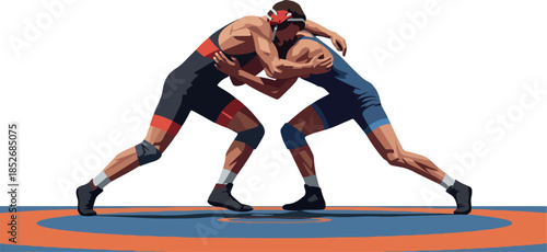 Two Wrestlers Grappling on Mat Pixel Art Flat Design Isolated