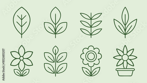 Minimalist green plant and flower icons set. natural botanical line art symbols on light background for eco friendly designs