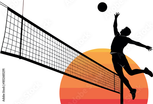 Volleyball Player Spiking Ball Over Net Silhouette Sunset Minimalist