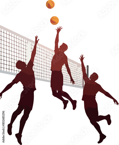 Volleyball Team Silhouettes Jumping Net Game Action on White Background