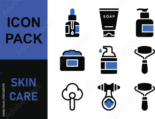 Skincare icon pack featuring various beauty products and tools like serums, creams, lotions, and facial rollers in a modern flat design.