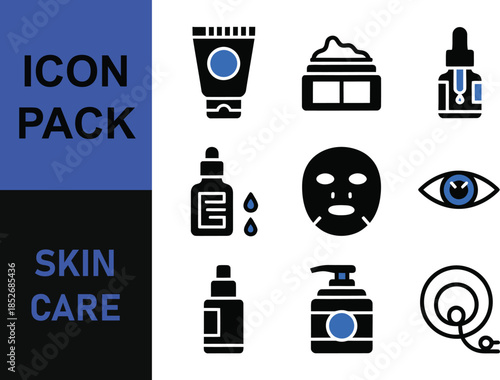 A collection of skincare product icons including creams, serums, face masks, and eye care, presented as an icon pack.