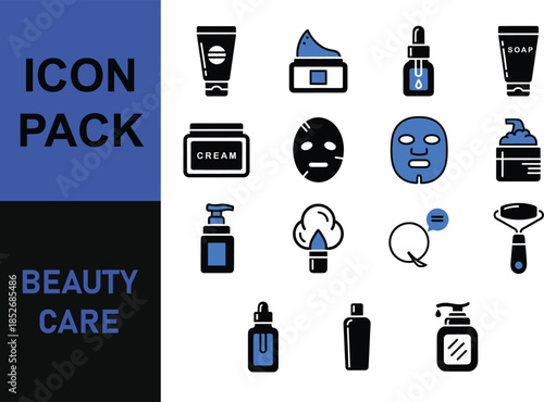 A collection of beauty care icons featuring various skincare products and tools in a black, white, and blue color scheme, presented as an icon pack.
