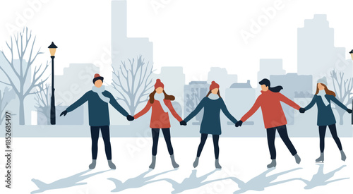 Winter Friends Holding Hands Festive Outdoor City Scene Snow