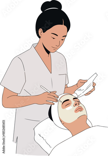Woman Applying Facial Mask To Client Minimalist Illustration