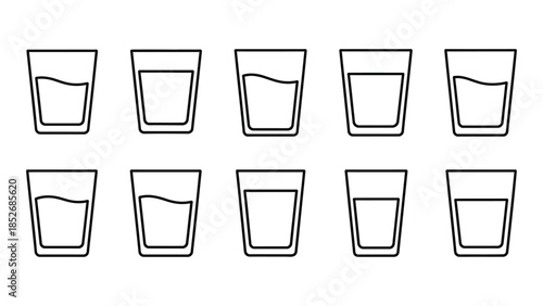 Collection of ten simple line art drinking glass icons with varying liquid levels