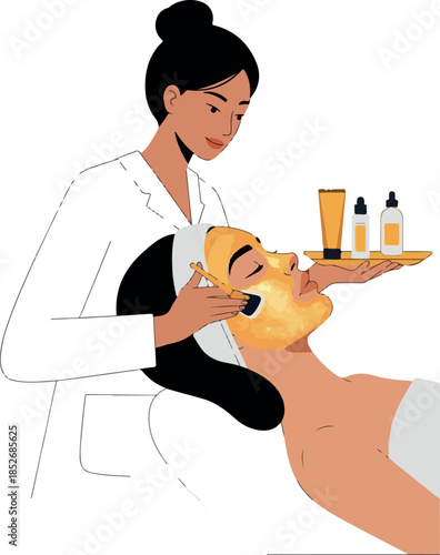 Woman Applying Golden Facial Mask at Spa by Skincare Professional