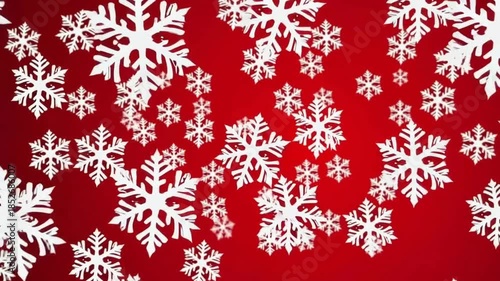 White decorative snowflakes scattered across a vibrant red background, creating a festive and elegant Christmas holiday pattern.