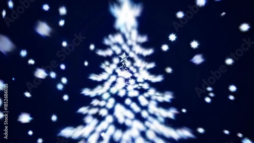 Abstract glowing Christmas tree made of soft white light bokeh on a dark blue background with falling snow.