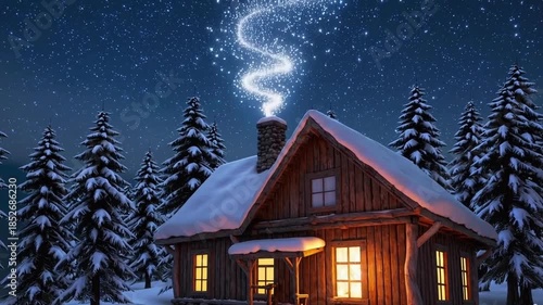 Cozy wooden cabin in a snowy forest at night with warm glowing windows and magical sparkling smoke rising into the starry sky.