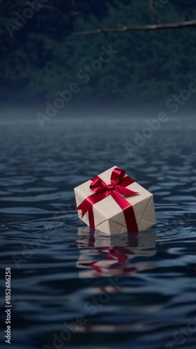 Mysterious gift box with a red ribbon floating on dark water in a misty, cinematic landscape.