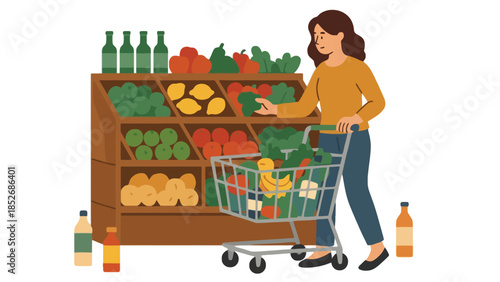Woman shopping for fresh produce at a grocery store with a cart