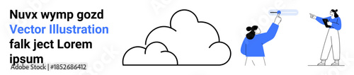 Cloud graphic beside two characters interacting with abstract tools. Ideal for technology, cloud computing, innovation, exploration, teamwork, creative concepts, simple landing page