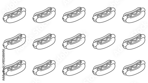 Seamless repeating pattern of black and white outline hot dog icons with mustard