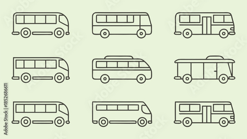 nine line art bus icons with simple design and geometric shapes on light green background