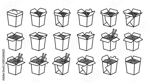 Collection of line art icons showing Chinese takeout food containers with noodles and open lids
