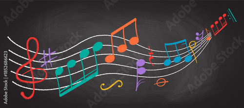 Crayon pastel or chalk music note signs doodle hand drawn symbol shapes set. Chalkboard textured musical symbols treble, bass clefs, pauses doodle collection.