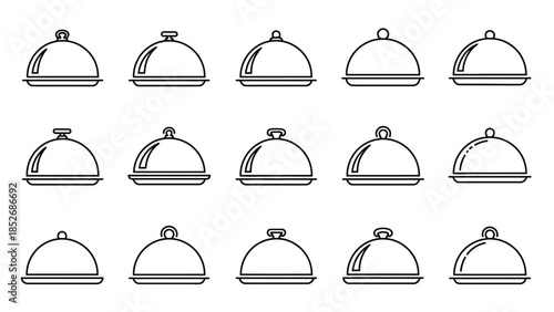 Set of fifteen minimalist black and white line icons of dome-shaped food cloches and serving covers