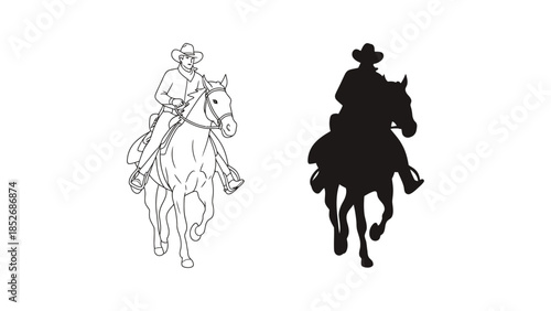 Cowboy riding horse in different styles and colors, illustration set