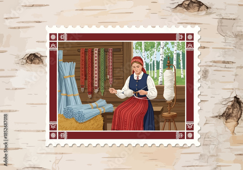 Woman weaving in a wooden interior framed by a birch bark background