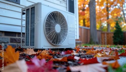 Ac unit in autumn backyard with fallen leaves 