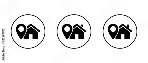 Home location icon set in circular outline. Home address symbol. Real estate with map pin sign