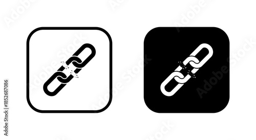 Broken chain link icon in black square. Unlink, connection loss, separation concept symbol