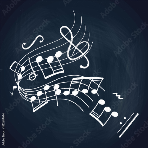 Crayon pastel or chalk music note signs doodle hand drawn symbol shapes set. Chalkboard textured musical symbols treble, bass clefs, pauses doodle collection.