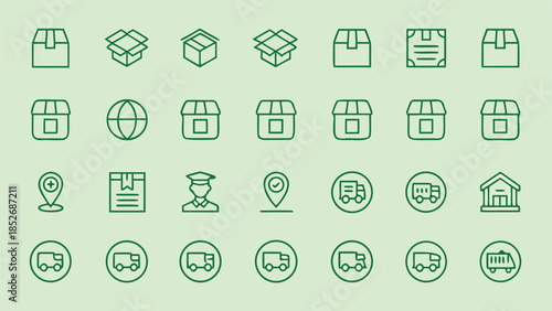 Extensive collection of vector outline icons depicting delivery services, packaging, e-commerce, and global logistics operations