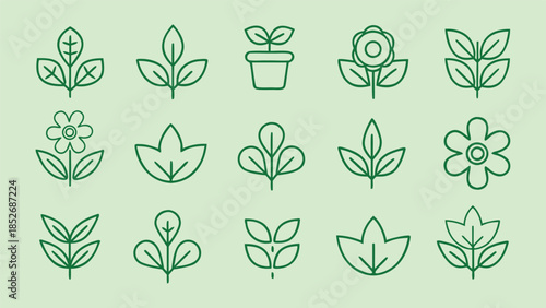 group of plant and flower icons in outline style with leaves and potted plant on light green background