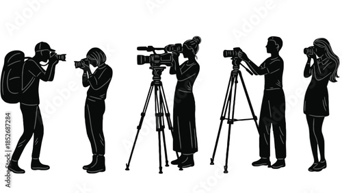 Photographers at work with cameras and tripods in black silhouette vector illustration