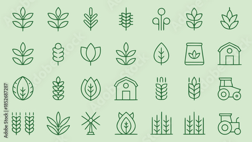collection of farm and agriculture icons with tractor barn wheat and plants in simple outline design style on light green background