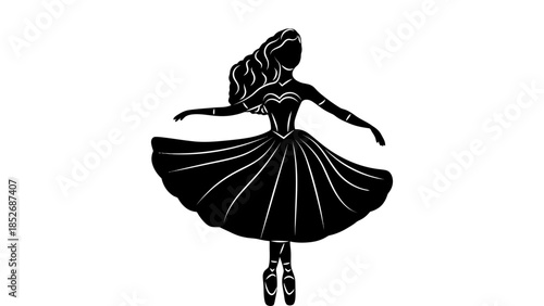 Elegant ballerina in black silhouette dancing on white background with flowing skirt and pointe shoes