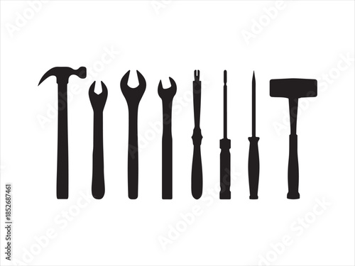 Construction and Hand Tools Silhouette Icon Set , Collection of hand tools and power tools in a simple, Vector Black Toolbox Collection
