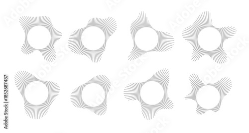 Circular sound visualization with radial wave line pattern vector set. Abstract audio spectrum ring geometric burst shape. Music equalizer graphics with concentric line elements for modern design.