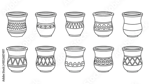Set of ten outline drawings of ceramic cups or small vases with decorative patterns