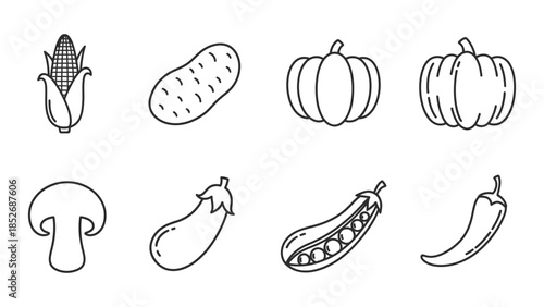 Collection of eight outline vector icons representing healthy garden vegetables