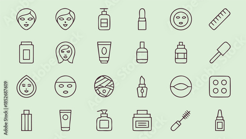 collection of skin care and makeup icons linear design isolated on light green background vector
