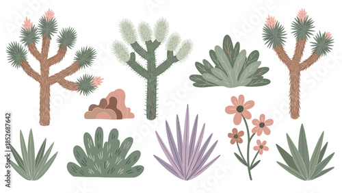 A stunning collection of desert plants, featuring Joshua trees, agave, and various succulents and wildflowers. This botanical set is perfect for illustrating arid and western landscapes.