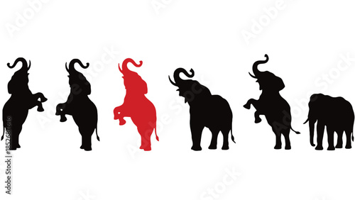 Black silhouettes of elephants in various poses on white background