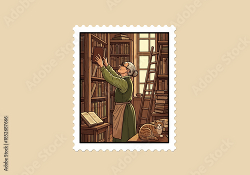 Elderly woman in green dress reaches for a book in a library with a cat