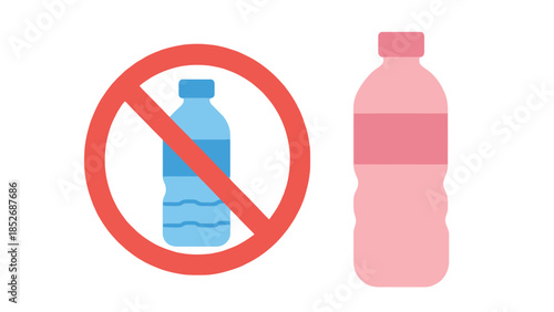 Plastic water bottle ban and allowed pink bottle icon set