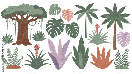 A lush collection of tropical jungle plants, including banyan and palm trees, monstera leaves, and bromeliad flowers. This exotic set is perfect for creating vibrant rainforest scenes.