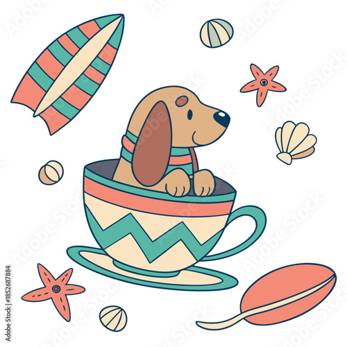 Delightful Playful Bloodhound in a Under the Sea scene with sitting in a teacup ride – Ocean Dreams vector illustration