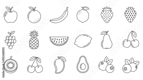 Collection of outline fruit icons including apples, oranges, bananas, berries, grapes, and pears