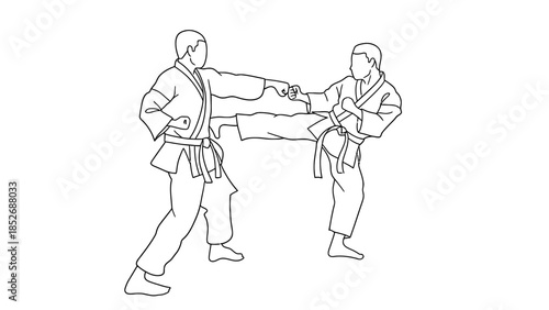Two men in karate gi practicing martial arts and self defense techniques