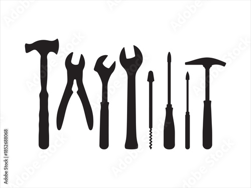 Construction and Hand Tools Silhouette Icon Set , Collection of hand tools and power tools in a simple, Vector Black Toolbox Collection