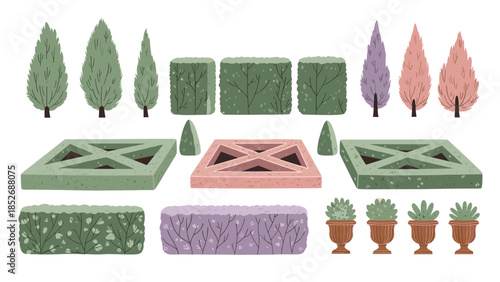 An elegant collection of formal garden elements, including topiary trees, clipped hedges, and decorative planters. This set is perfect for illustrating classic European park and garden designs.